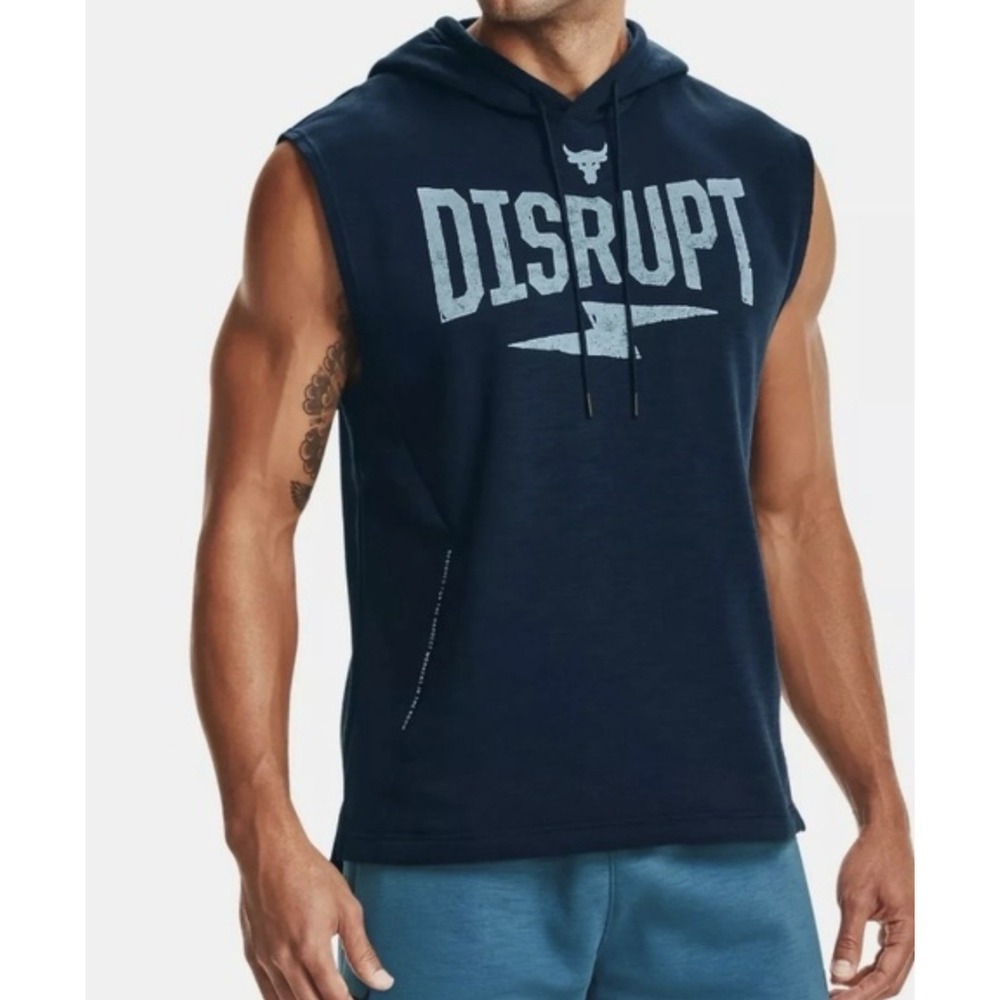 Under Armour Project Rock Disrupt Sleeveless Hooded Sweatshirt Mens Medium Navy
